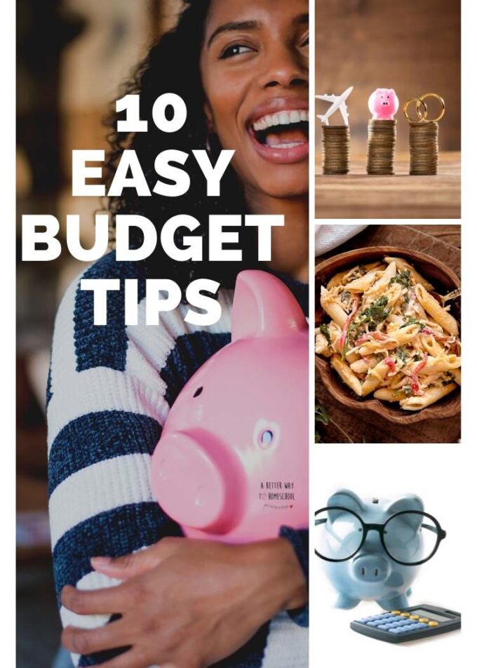 Budgeting for beginners- collage woman hugging pink piggy bank, coins stacked with symbols on top, piggy with glasses, casserole