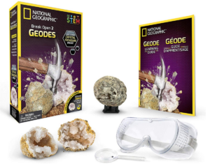 Geology book, geodes, and goggles