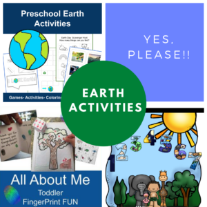 Photo collage of four earth day worksheet activites