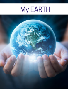 Child’s hands holding a glowing earth with the title My Earth