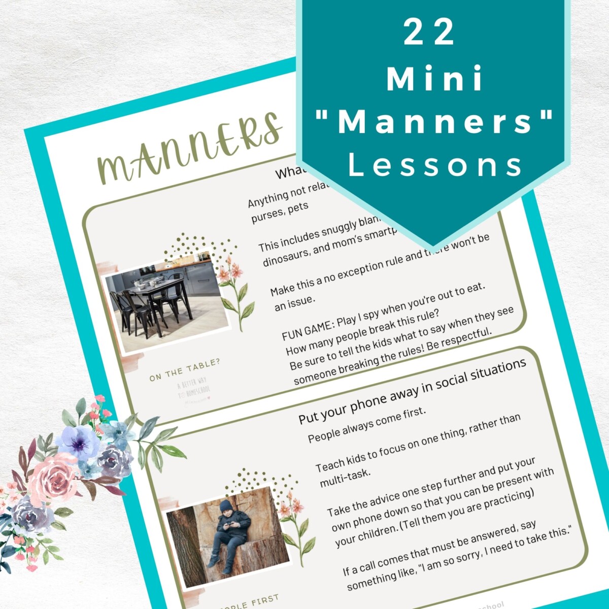 image of manners printable with title 22 mini manners lessons