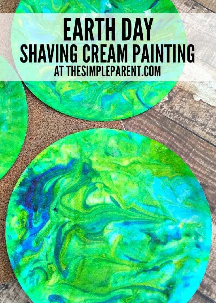 Photo of paper plate painted like an earth with the title shaving cream painting at simpleparent.com