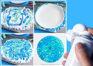 Chocolate collage showing steps to making a shaving cream paper plate painting