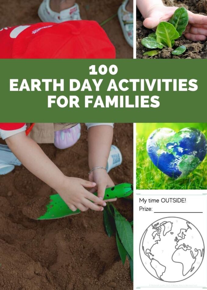 Earth day activities for family collage, child digging in the dirt, hand planting seedling, heart shaped globe in the grass, earth day worksheet