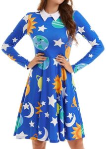 Woman in dress with solar system pattern