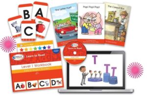 Collage of emergent reader supplies, letter flash cards, little emergent reader books, workbook, and computer display of activities