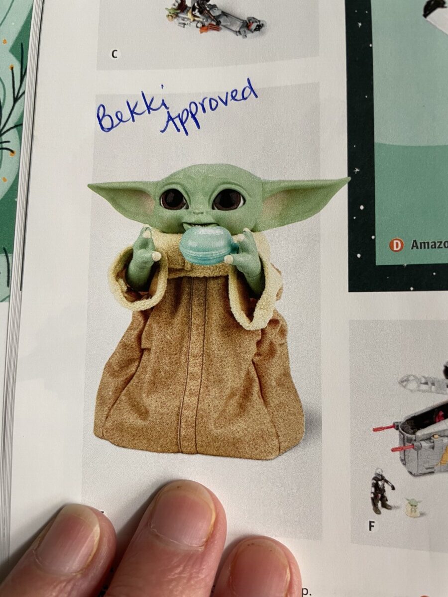 Baby Yoda toy with handwriting Bekki Approves